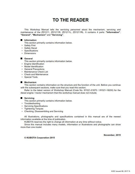Kubota ZD1211 ZD1211R ZD1211L ZD1211RL - Workshop Service Repair Manual