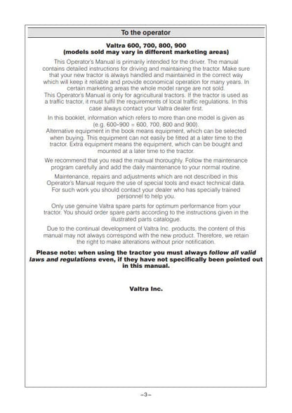 Valtra Tractor - 600 700 800 900 - Operator manual