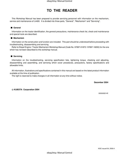 Kubota Tractor - L4400 Workshop Service Repair Manual - 2006 Edition
