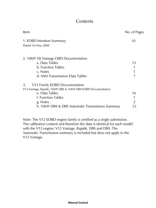 Aston Martin European On Board Diagnostics EOBD Summary Documentation 2010 Edition