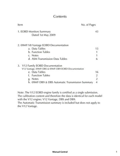 Aston Martin On Board Diagnostics OBD Summary Documentation 2009 Edition
