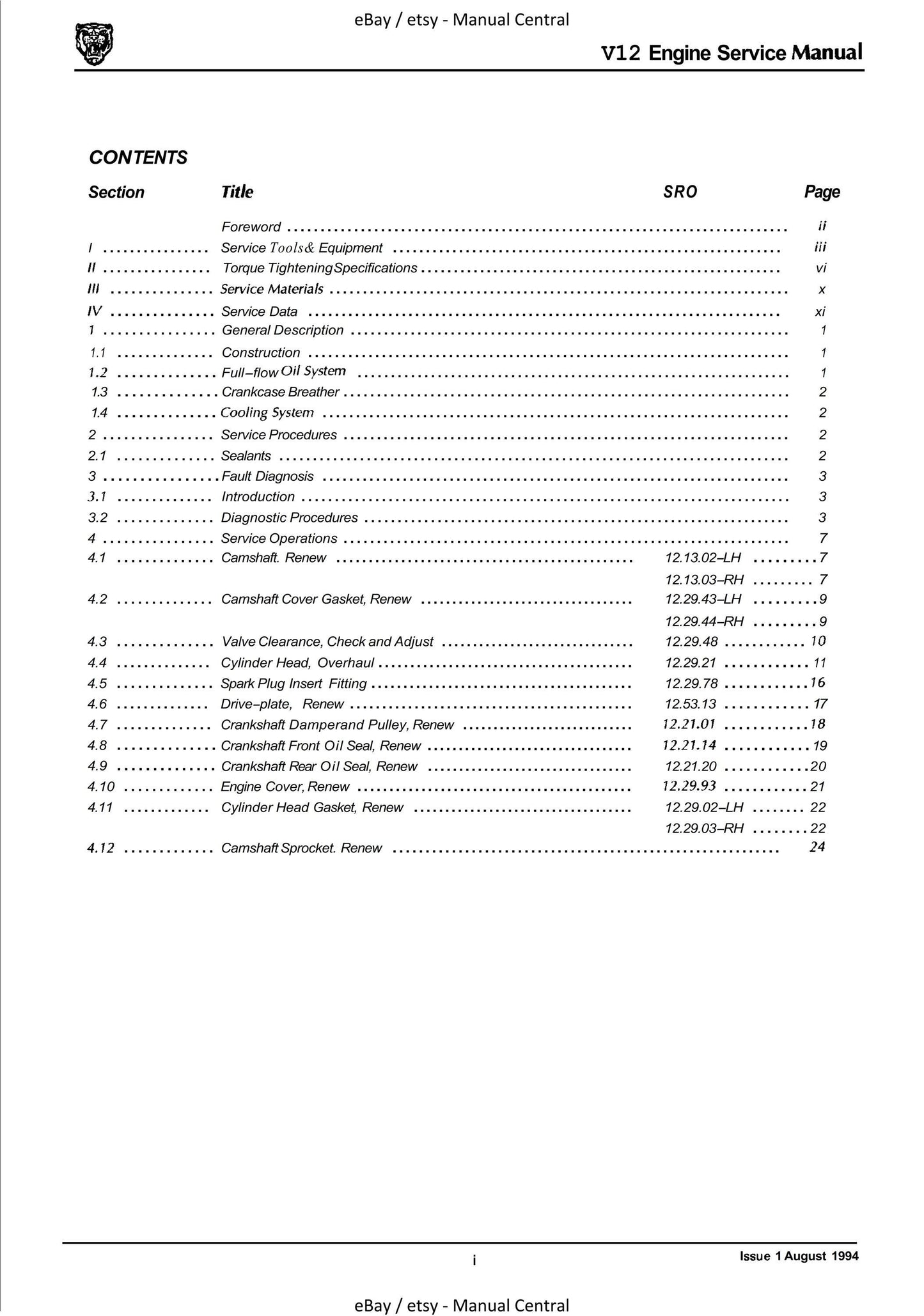 Jaguar V12 Engine - 1994 Edition Service Workshop Repair Manual