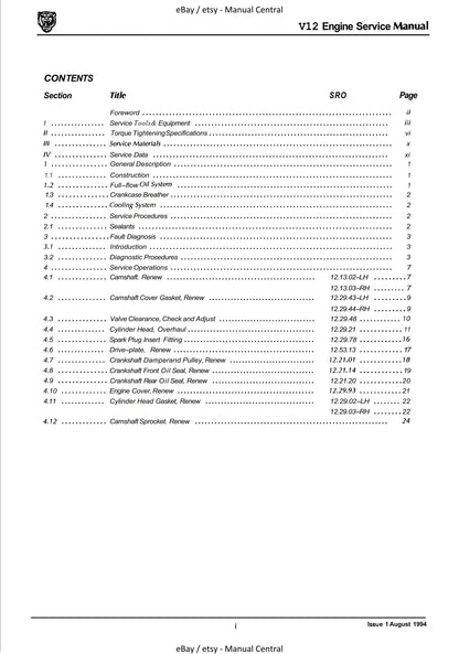Jaguar V12 Engine - 1994 Edition Service Workshop Repair Manual