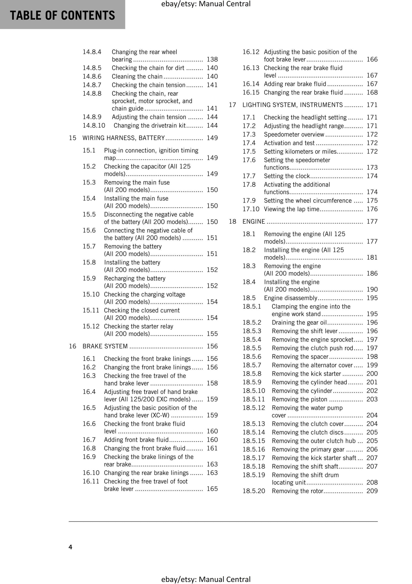 KTM 2016 - 125 200 EXC XC-W - Service Workshop Repair Manual