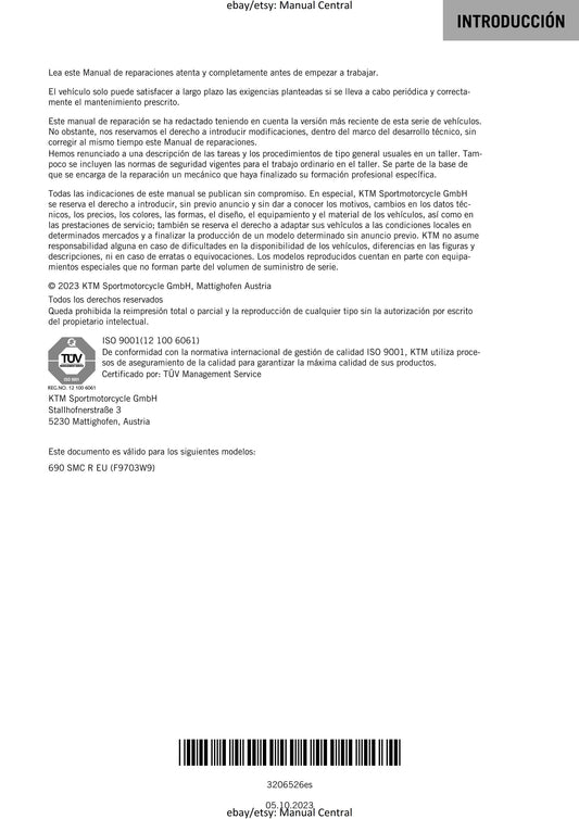 Spanish Language - KTM 2023 - 690 SMC R - Eu Edition - Manual de Reparacion