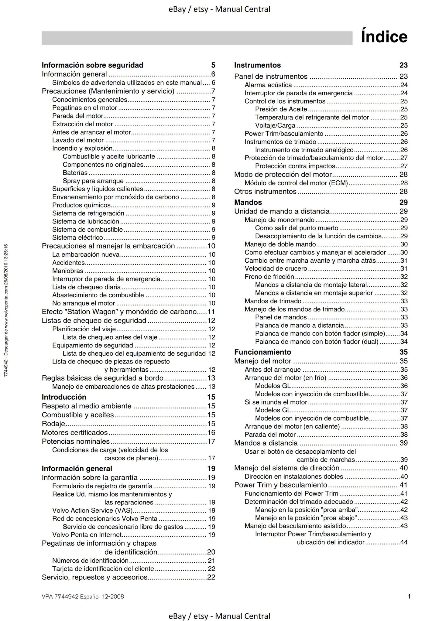Volvo Penta Libro De Instrucciones - 3.0L 4.3L 5.0L 5.7L 8.1L SX-A DPS-A XDP-B