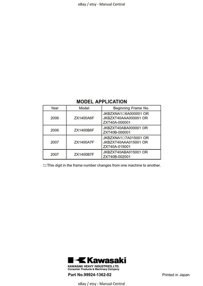 Kawasaki ZZR1400 ZZR 1400 ABS Ninja ZX-14 - 2006 2007 Workshop Service Repair Manual