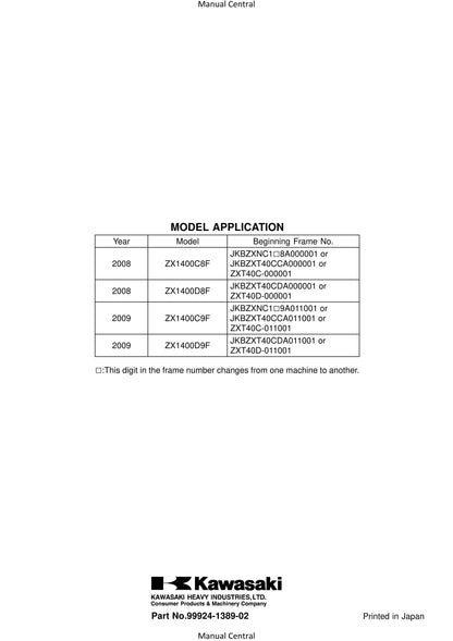 Kawasaki ZZR1400 ZZR 1400 ABS Ninja ZX-14 - 2008 2009 Workshop Service Repair Manual