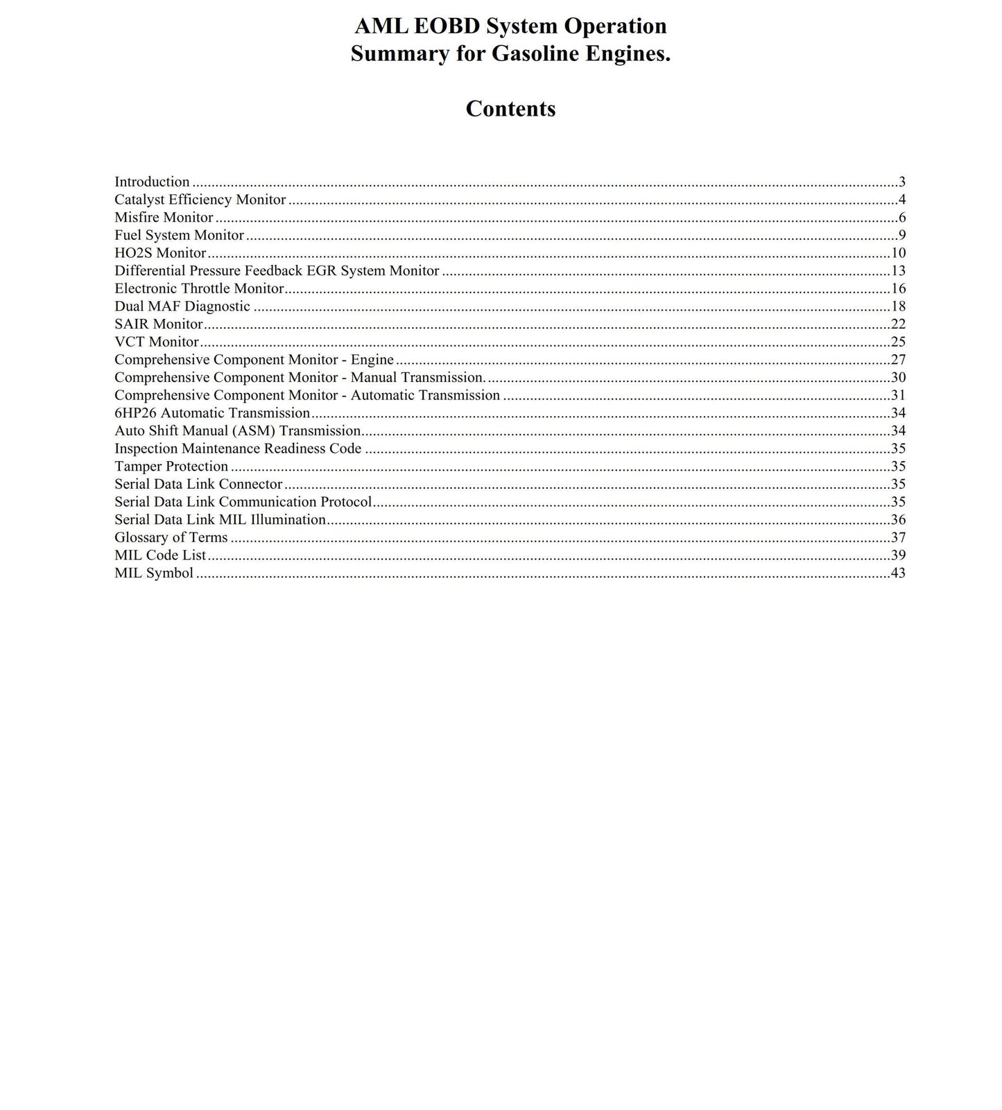 Aston Martin European On Board Diagnostics EOBD Summary Documentation 2010 Edition
