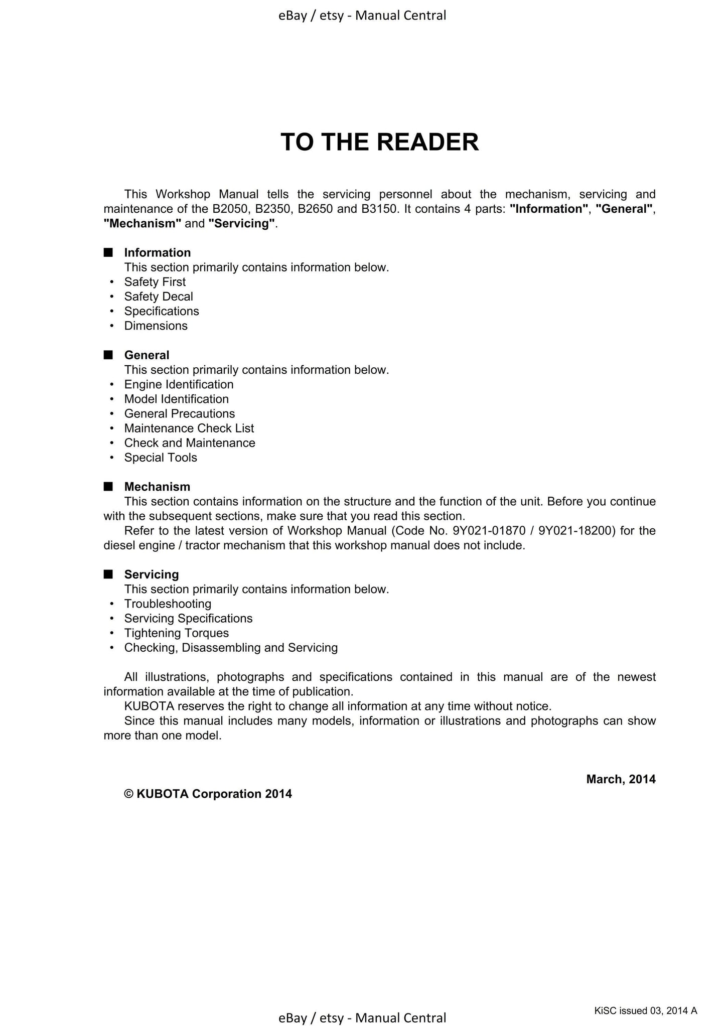 Kubota Tractor - B2050 B2350 B2650 B3150 - Workshop Service Repair Manual - 2014 Edition