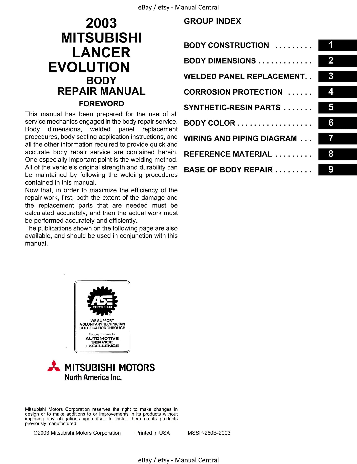 Mitsubishi Lancer Evolution Evo VIII 8 - Body Repair Manual
