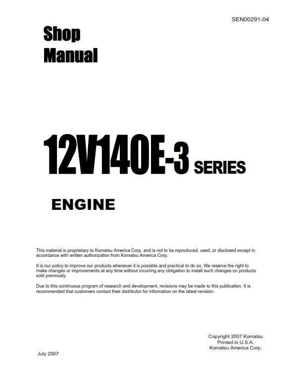 Komatsu Engine 12v140e-3 Series - Shop Manual - Service Workshop Repair Manual