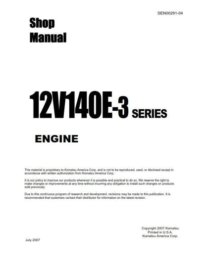 Komatsu Engine 12v140e-3 Series - Shop Manual - Service Workshop Repair Manual