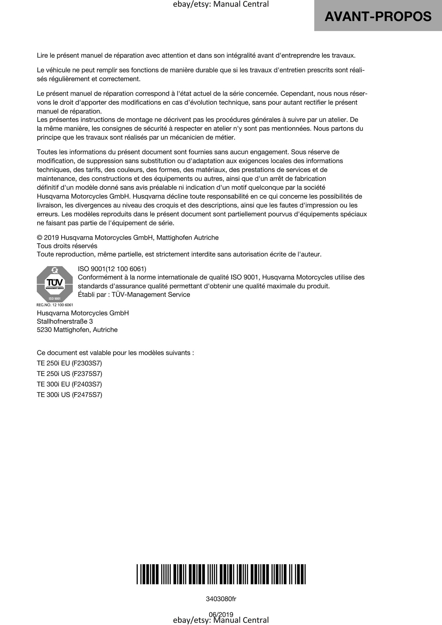 PDF - French Language - Husqvarna 2019 - TE 250i 300i - Manuel De Reparation