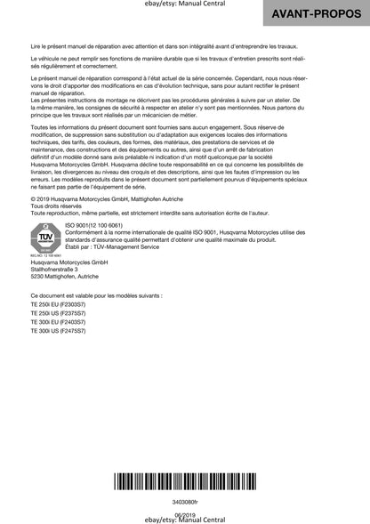 PDF - French Language - Husqvarna 2019 - TE 250i 300i - Manuel De Reparation