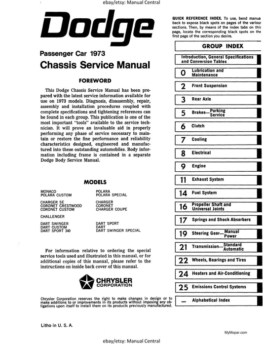 Dodge Chassis Service Manual - 1973 - Challenger Dart Polara Monaco Charger Coronet