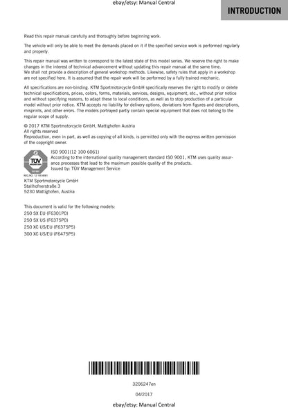 KTM 2016 - 250 300 SX XC- Service Workshop Repair Manual