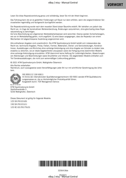 German Language - KTM 2021 - 125 150 SX XC - Reparaturanleitung - Service Workshop Repair Manual