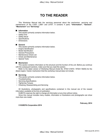 Kubota Tractor - L3301 L3901 L4701 - Workshop Service Repair Manual - 2019 Edition