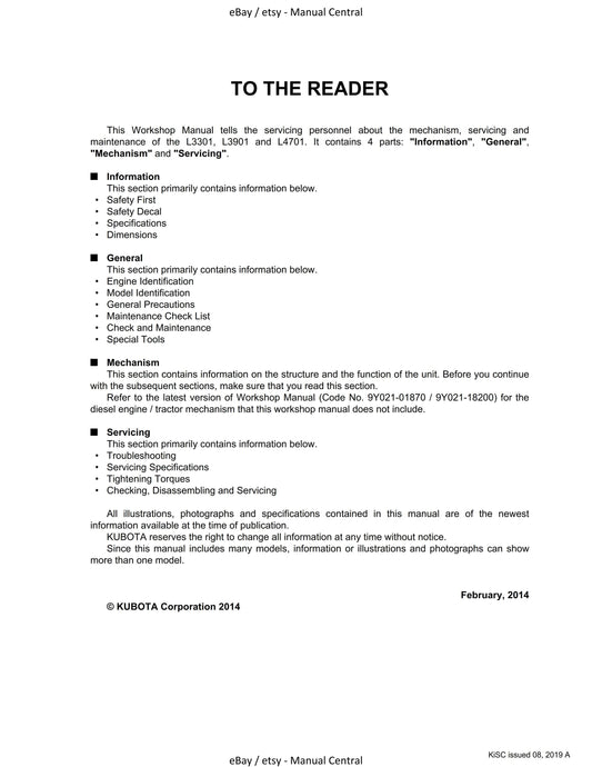 Kubota Tractor - L3301 L3901 L4701 - Workshop Service Repair Manual - 2019 Edition