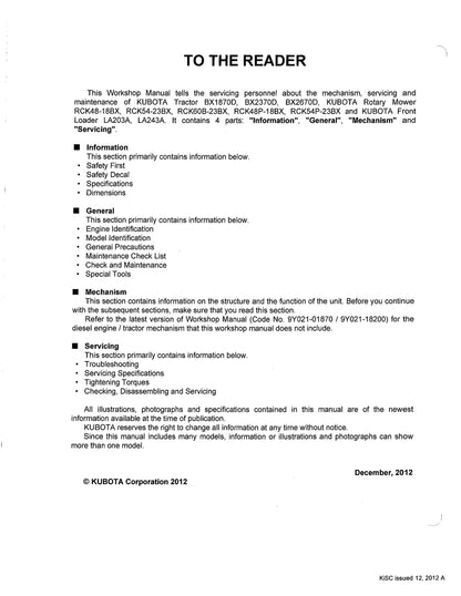 Kubota Tractor Mower Front Loader - BX1870 BX2370 BX2670 RCK48-18BX RCK54-23BX RCK60B-23BX RCK48P-18BX  Workshop Service Repair Manual