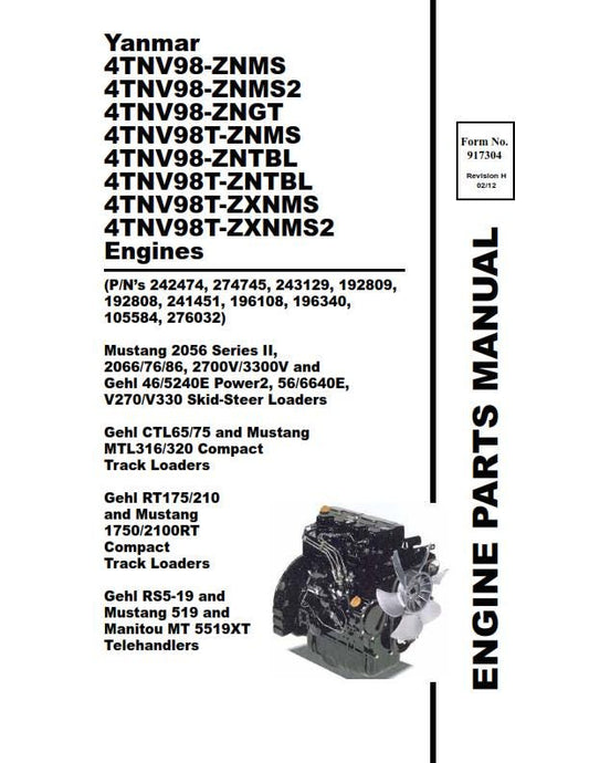 Yanmar 4TNV98 4TNV98T Znms Znms2 Zngt Zntbl  Zxnms Zxnms2  - Engine Parts Manual