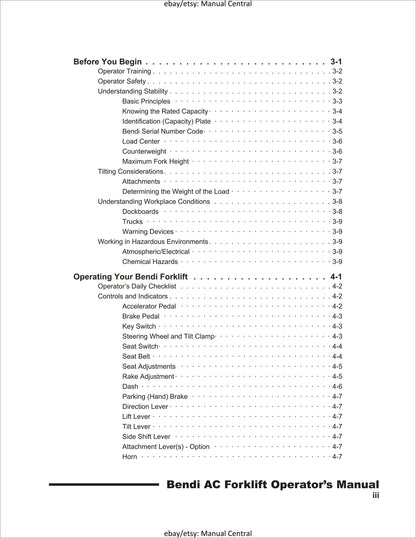 Bendi - Electrc Narrow Isle Forklift - Operator Manual - Bendi series V Ac Models - B30-4/42 B40-4/48 B45-4/56 B45hl-4/56-180d