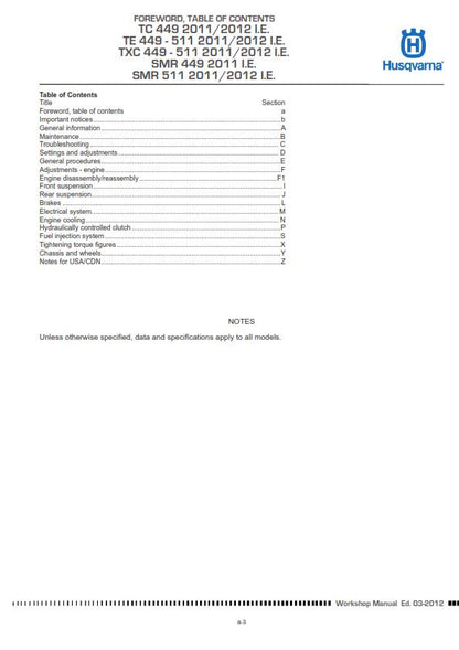 Husqvarna 2011 2012 2013 - Tc Te Txc Smr 449 511 Service Workshop Repair Manual