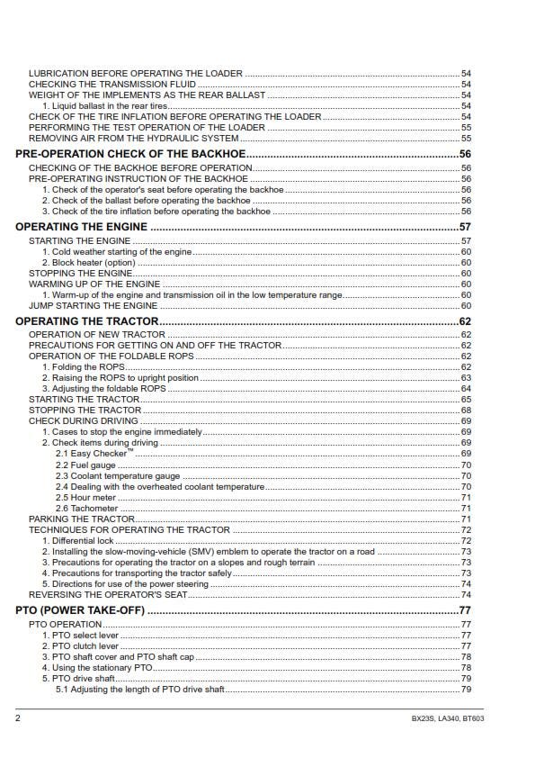 Kubota Tractor - BX23S LA340 BT603 Operator Manual