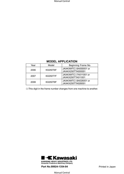 Kawasaki 2006 2007 2008 - KX250F  Workshop Service Repair Manual