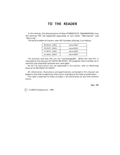 Kubota Tractor B6100HST B7100HST Workshop Service Repair Manual