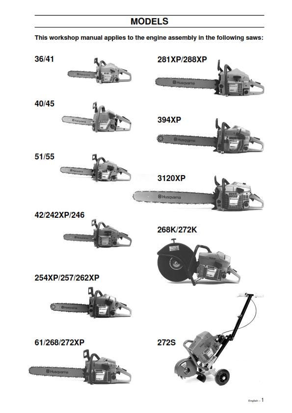 Husqvarna Chainsaw - Workshop Service Repair - 36/41 40/45 51/55 42/242xp/246 254xp/257/262xp 61/268/272xp 281xp/288xp 394xp 3120xp 268k