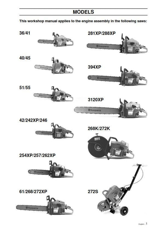 Husqvarna Chainsaw - Workshop Service Repair - 36/41 40/45 51/55 42/242xp/246 254xp/257/262xp 61/268/272xp 281xp/288xp 394xp 3120xp 268k