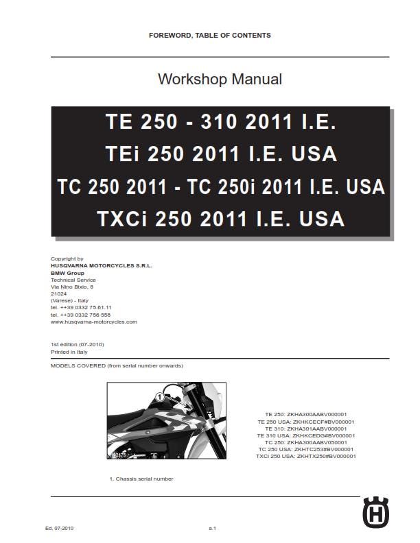 Husqvarna 2011 - TE TEi Tc Txci 250 250i 310 - Service Workshop Repair Manual
