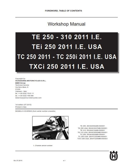Husqvarna 2011 - TE TEi Tc Txci 250 250i 310 - Service Workshop Repair Manual