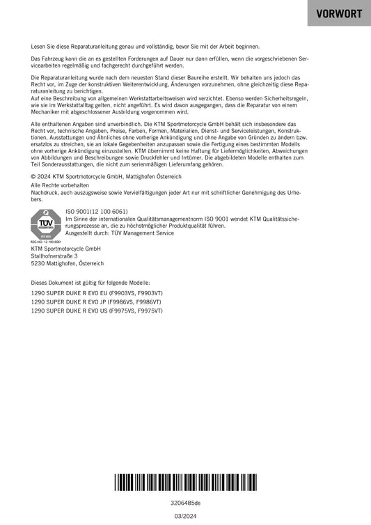 German Language - KTM 2022 - 1290 Super Duke R Evo - Reparaturanleitung - Service Workshop Repair Manual
