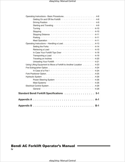 Bendi - Electrc Narrow Isle Forklift - Operator Manual - Bendi series V Ac Models - B30-4/42 B40-4/48 B45-4/56 B45hl-4/56-180d