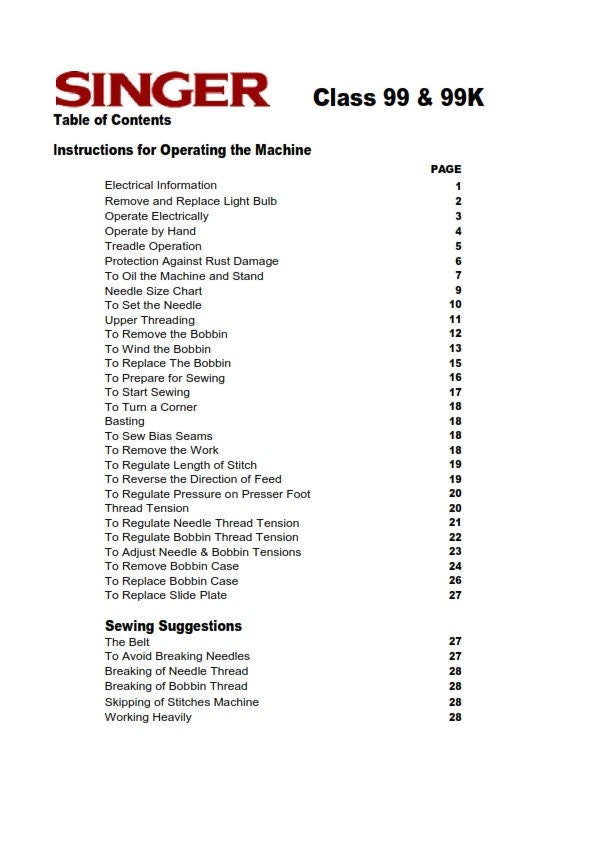 Singer Class 99 99K Sewing Machines - Instruction User Manual