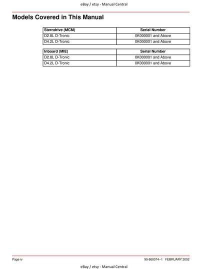 Mercury Mercruiser Service Manual 22 - Marine Engines In Line Diesel D2.8L D4.2L D-Tronic
