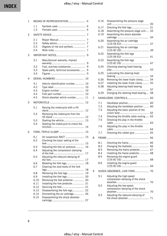 KTM 2023 - 125 SX XC - Service Workshop Repair Manual