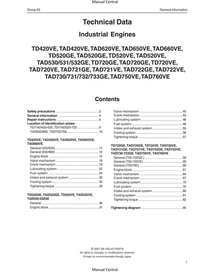 Volvo Penta - Technical Data - TD420 TAD420 TD520 TAD520 TAD530 TAD620 TAD650 TAD660 TD720 TAD720 TAD721 - Workshop Service Repair Manual