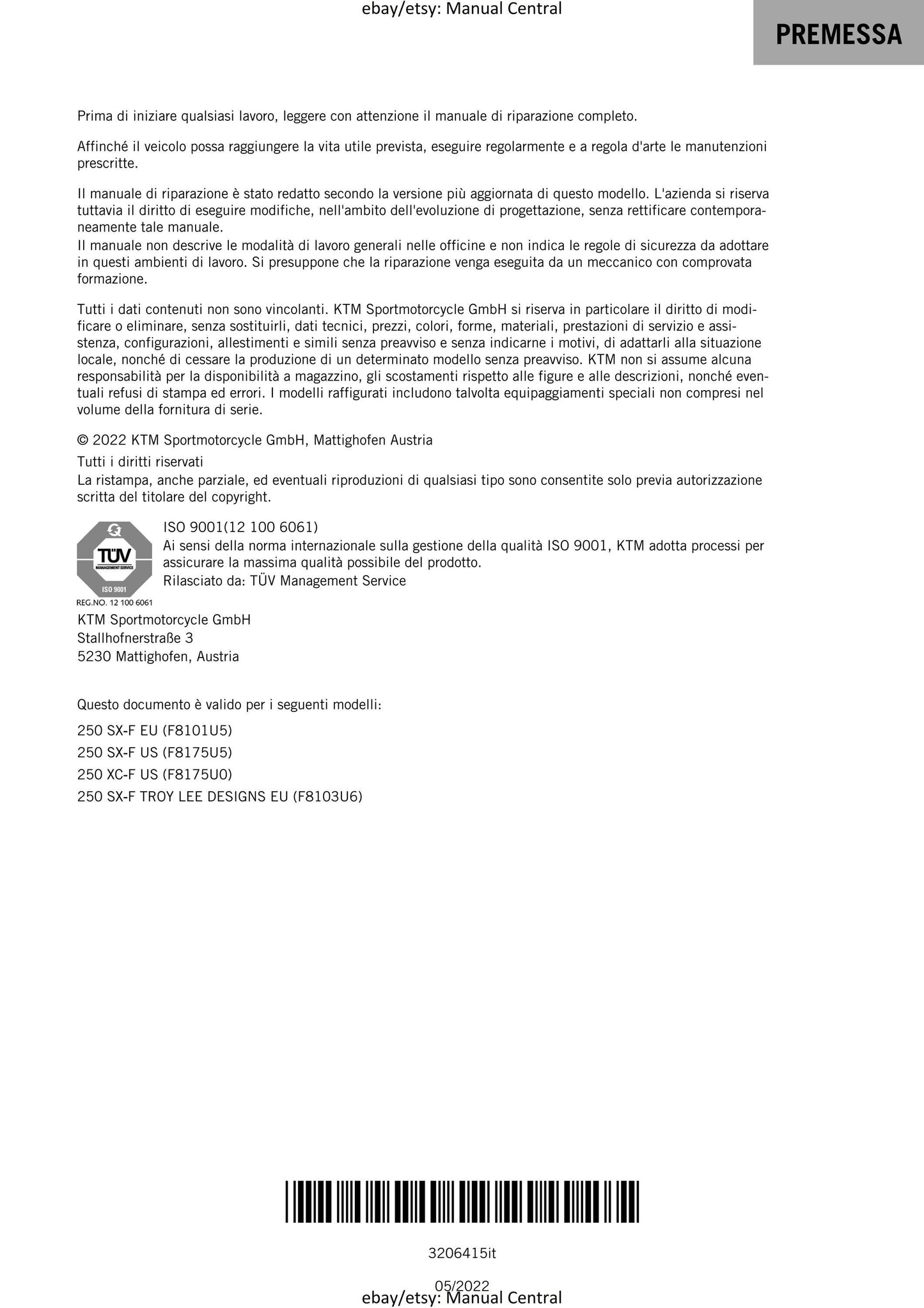 Italian Language - 2021 KTM 250 Xc-f Sx-f Troy Lee Designs - Manuale Di Riparazione