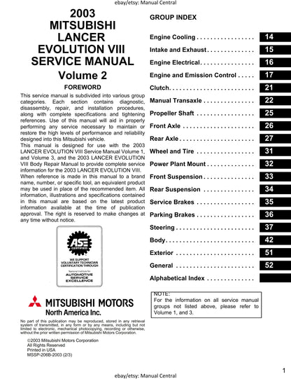 PDF - Mitsubishi Lancer Evolution Evo VIII 8 - Complete Workshop Service Repair Manual