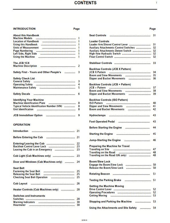 JCB 1CX Operator Handbook - SN 751600 to 752999 - 806000 onwards