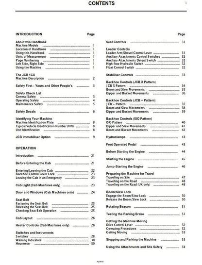 JCB 1CX Operator Handbook - SN 751600 to 752999 - 806000 onwards