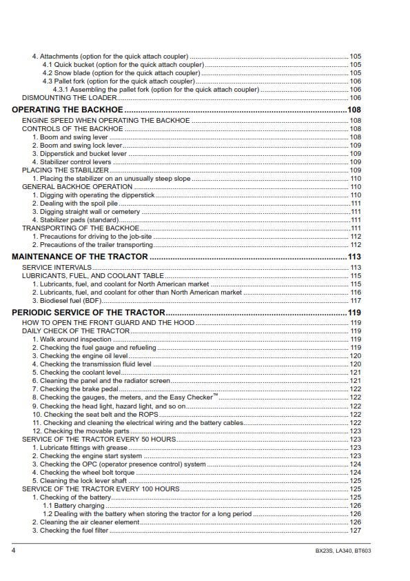 Kubota Tractor - BX23S LA340 BT603 Operator Manual