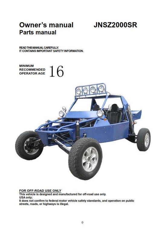 Joyner Off Road Vehicle - JNSZ2000SR Owners Parts Manual