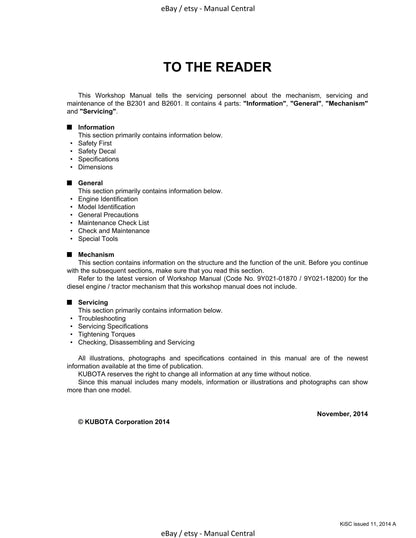 Kubota Tractor - B2301 B2601 - Workshop Service Repair Manual