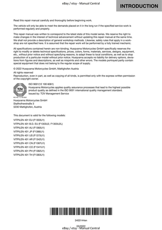 Husqvarna 2021 - Vitpilen 401 - Workshop Service Repair Manual