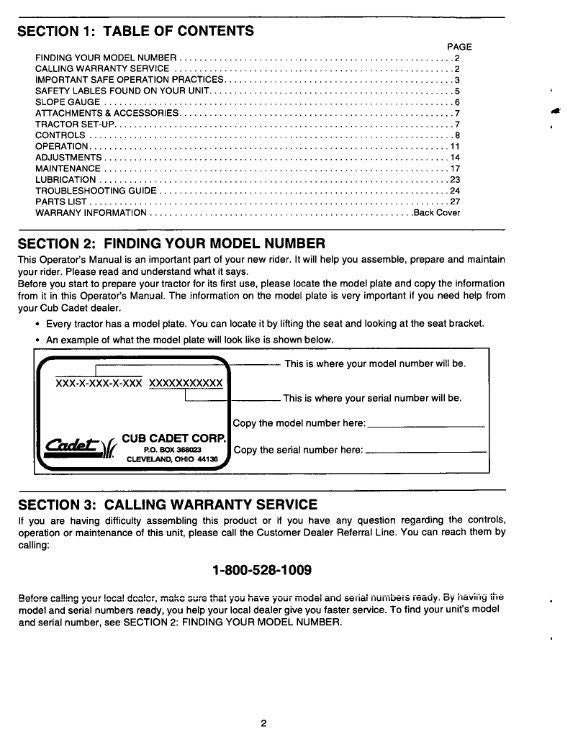 Cub Cadet - 1600 1800 Automatic Transmission Lawn Tractor Owners Manual